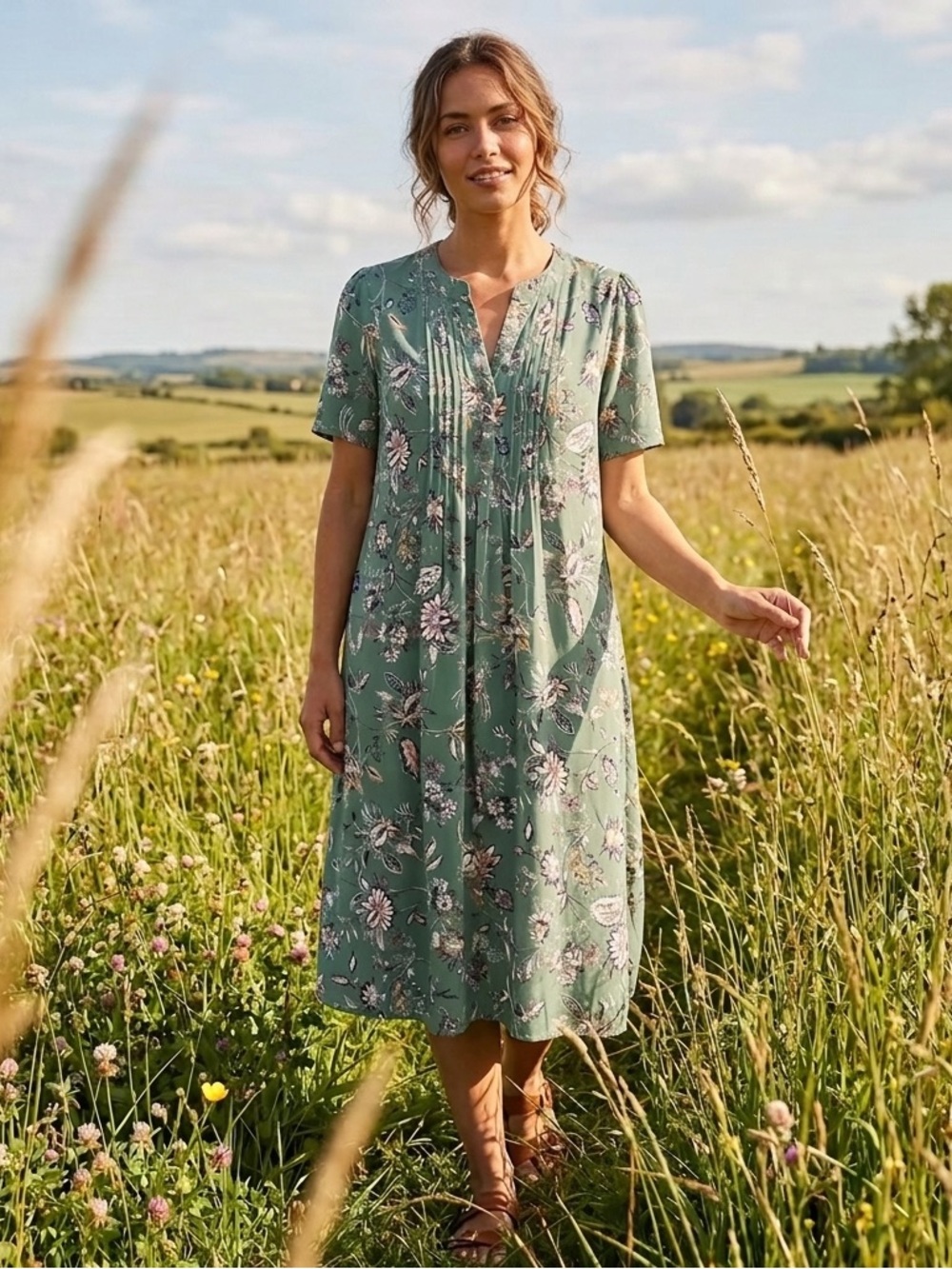 J. Jill Sage Green Floral Short Sleeve Pin Tuck Pullover Midi Dress Size M